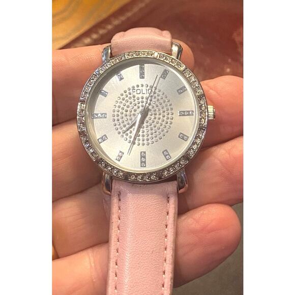 Women's 37mm silver Tone Folio Watch, Pale Pink Band, Crystal Accents - Picture 3 of 3